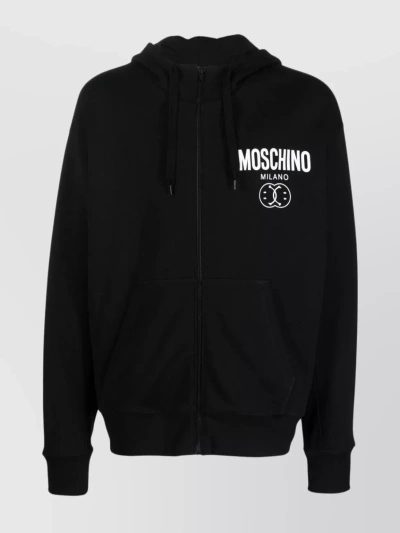 Moschino Fleece Hooded Pullover With Pouch Pocket In Black