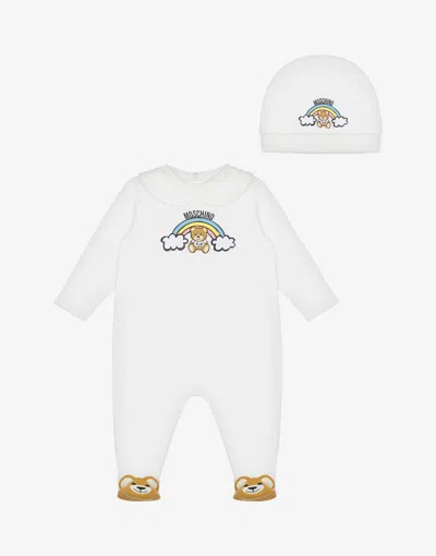 Moschino Babies' Fleece Romper And Hat Set Teddy Bear In White