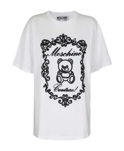 Moschino Flocked-teddy Logo T-shirt In White