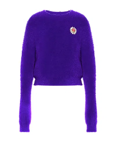 Moschino Floral-appliqué Crewneck Brushed Jumper In Purple