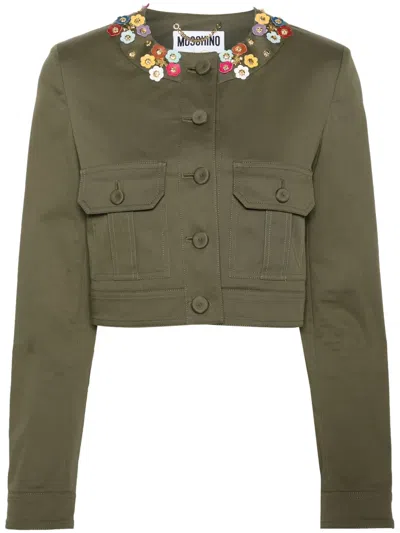 Moschino Floral-appliqué Cropped Jacket In 绿色
