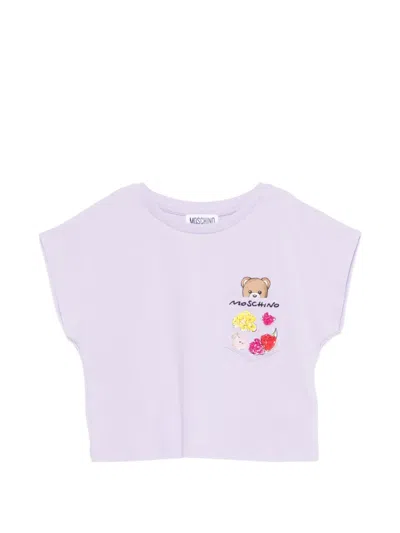 Moschino Kids' Floral-embroidered Chest-pocket T-shirt In Purple
