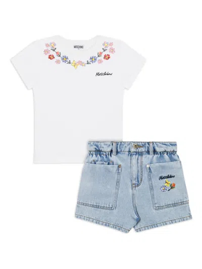 Moschino Kids' Floral-embroidered T-shirt And Shorts In Blue