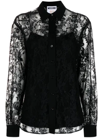 Moschino Sheer Lace Collared Shirt With Long Sleeves In Black