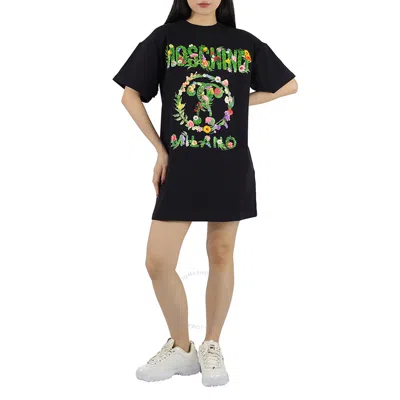 Moschino Floral Logo Print Oversized T-shirt Dress In Black