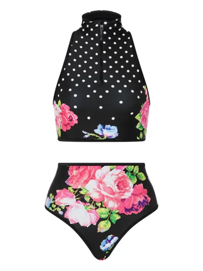 Moschino Floral-pattern Zip-up Bikini In Black
