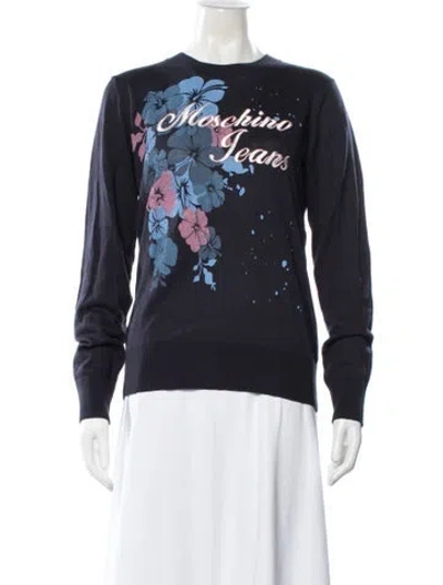 Pre-owned Moschino Floral Print Crew Neck Sweater In Blue