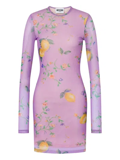 Moschino Floral-print Long-sleeve Mini Dress In Purple