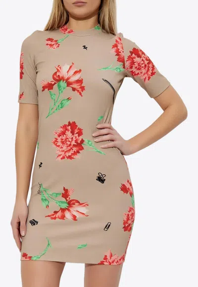 Moschino Floral Print Mini Dress In Beige
