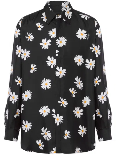 Moschino All-over Flowers Long-sleeved Silk Shirt In Black