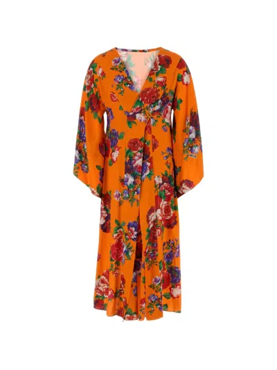 Moschino Floral-print V-neck Midi Dress In Orange