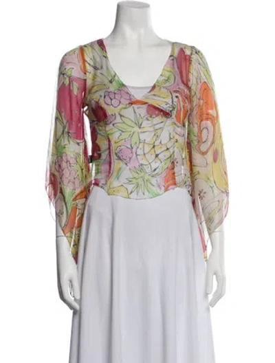 Pre-owned Moschino Floral Print V-neck Blouse In Yellow