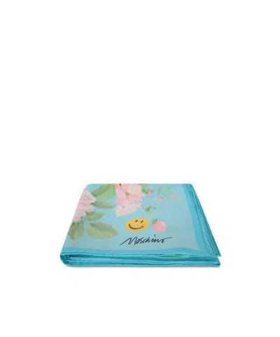 Moschino Floral Printed Satin Scarf In Blue