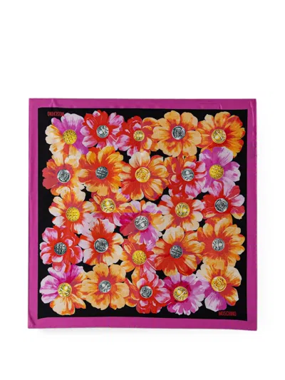 Moschino Floral-print Button-motif Scarf In Multi