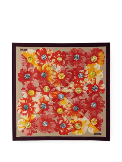 Moschino Floral-print Button-motif Scarf In Red