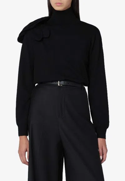 Moschino Flower Applique Wool High-neck Sweater In Black