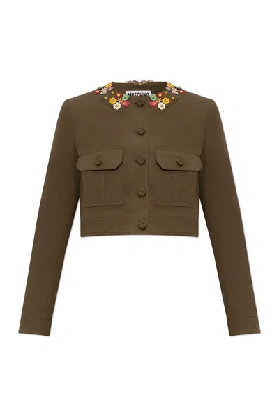Moschino Flower Embellished Jacket In Green