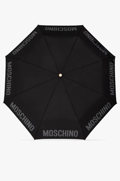 Moschino Folding Umbrella With Logo In Black