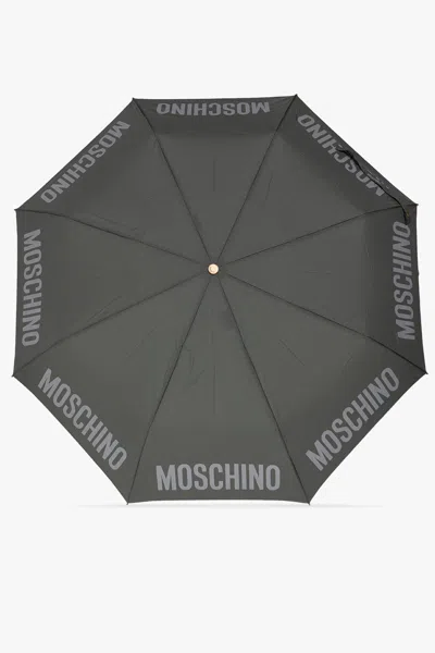 Moschino Folding Umbrella With Logo In Grey