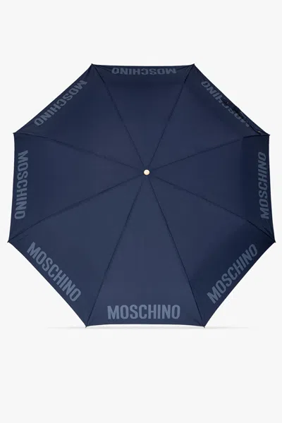 Moschino Folding Umbrella With Logo In Navy Blue