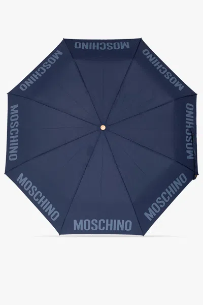 Moschino Folding Umbrella With Logo In Navy Blue