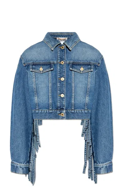 Moschino Fringed Cropped Denim Jacket In Blue