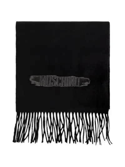Moschino Fringed Logo-patch Scarf In Black