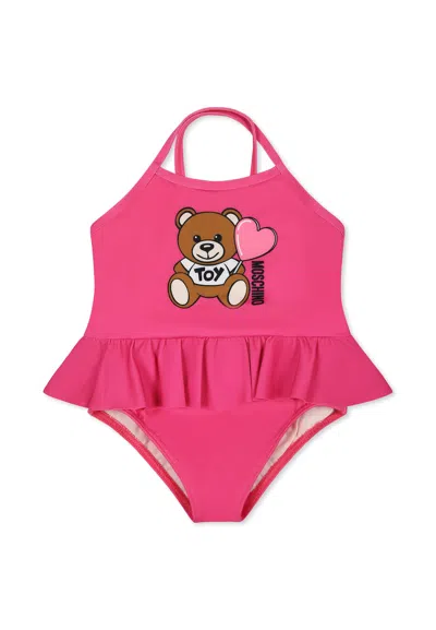 Moschino Fuchsia One-piece Swimsuit For Baby Girl With Teddy Bear
