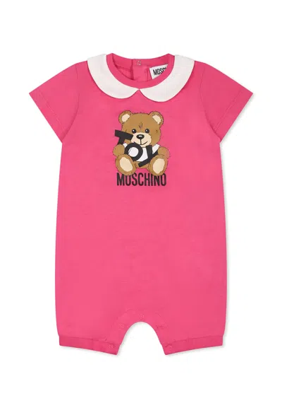 Moschino Fuchsia Romper For Baby Girl With Teddy Bear
