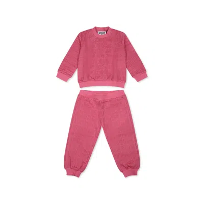 Moschino Fuchsia Suit For Baby Girl With Logo In Pink