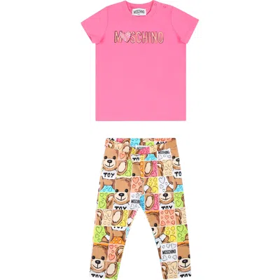 Moschino Fuchsia Suit For Baby Girl With Teddy Bear And Logo