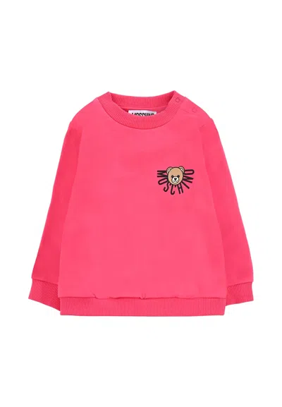 Moschino Fuchsia Sweatshirt For Baby Girl With Teddy Bear In Pink