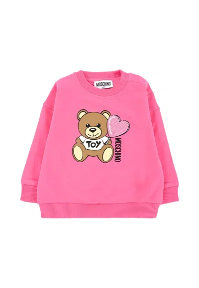 Moschino Fuchsia Sweatshirt For Baby Girl With Teddy Bear In Pink