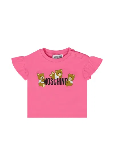 Moschino Fuchsia T-shirt For Baby Girl With Teddy Bears In Pink