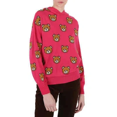 Pre-owned Moschino Fucsia Teddy Bear Intarsia Hooded Sweater, Brand Size 38 (us Size 4) In Pink