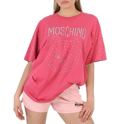 Moschino Fuschia Crystal Teddy Bear Oversize Cotton T-shirt In Red