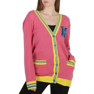 Pre-owned Moschino Fuschia Logo Patch Teddy Varsity Cardigan, Brand Size 42 (us Size 8) In Pink