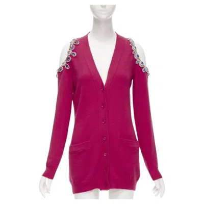 Pre-owned Moschino Fuschia Pink Cashmere Crystal Jewel Cold Shoulder Cardigan It36 Xs