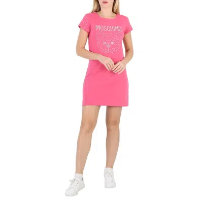 Pre-owned Moschino Fuschia Stretch-cotton Teddy Crystal T-shirt Dress In Pink