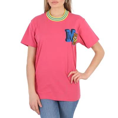 Moschino Fuschia Varsity Teddy Bear Applique Oversized T-shirt In Pink