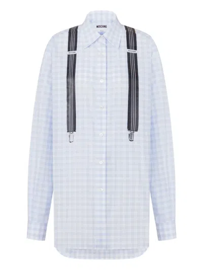 Moschino Cotton Shirt Long Sleeves Checkered Pattern Suspenders In Blue