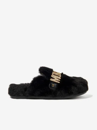 Moschino Kids' Logo-lettering Faux-fur Slippers In Black