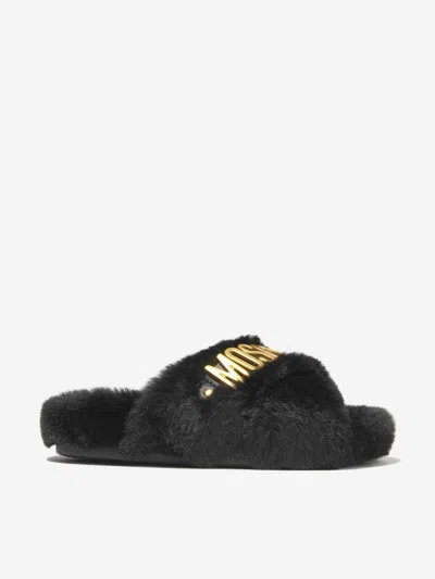 Moschino Kids'  Girls Faux Fur Logo Slippers Eu 40 Uk 7 Black By Childsplay Clothing