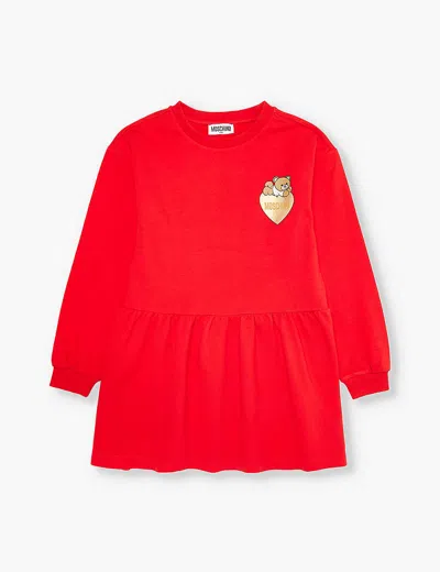 Moschino Girls Poppy Red Kids Heart Bear Stretch-cotton Dress 4-12 Years