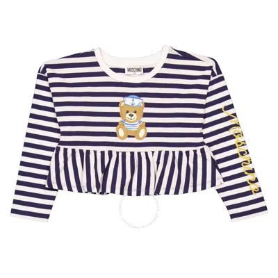 Moschino Kids'  Girls Teddy Stripe Print Long Sleeve Peplum Top In Blue/white