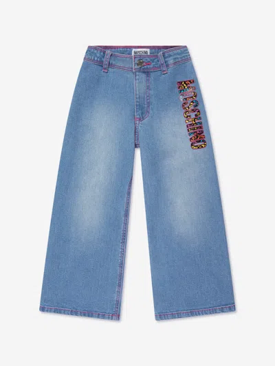 Moschino Kids' Girls Wide Leg Logo Jeans In Blue