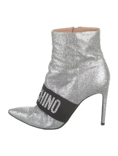 Pre-owned Moschino Glitter Graphic Print Boots In Silver