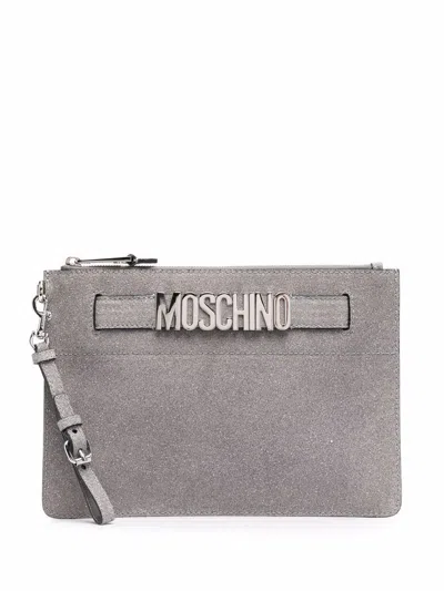 Moschino Glitter Logo Clutch Bag In Silber