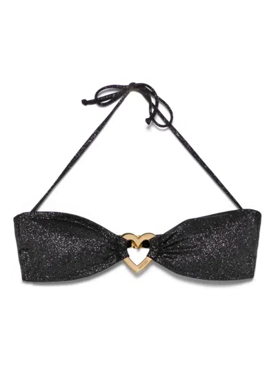 Moschino Glitter Metal-heart Bikini Top In Black