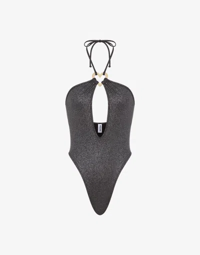 Moschino Glitter Metal Heart One-piece Swimsuit In Black